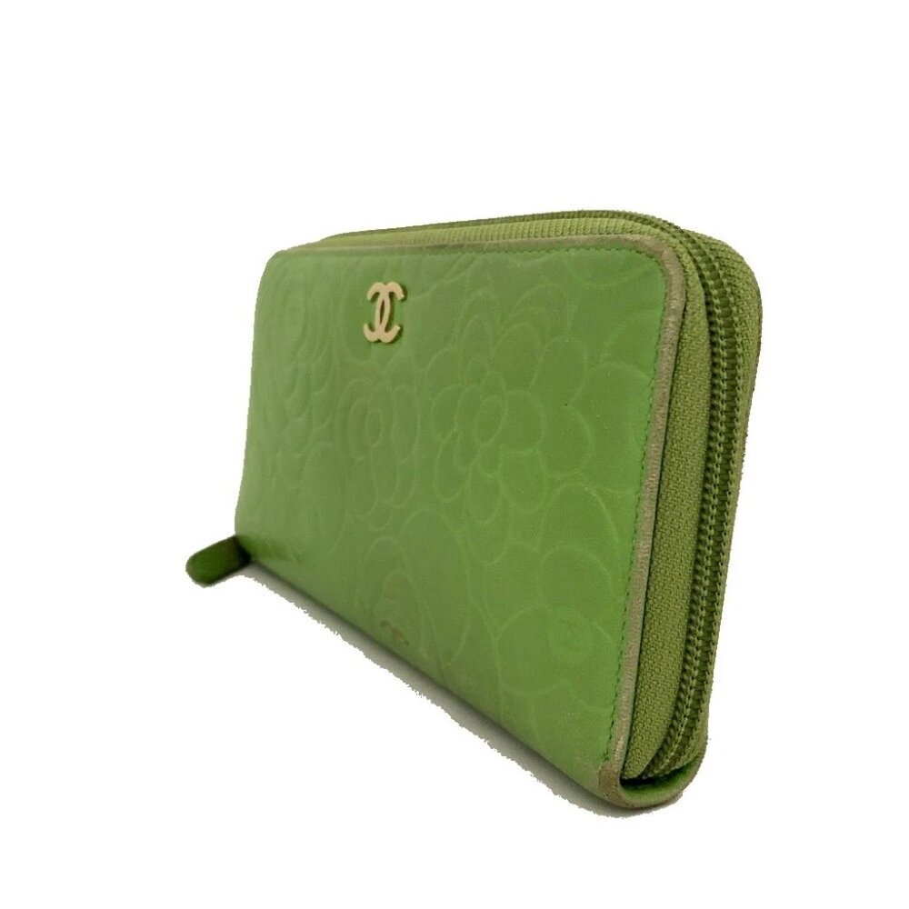 EGA CHANEL Camellia CC Logo Lambskin Zip Around Long Wallet Green*/8BL0389 - Picture 3 of 8